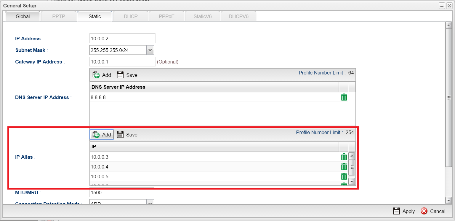 a screenshot of WAN IP alias settings on Vigor3900